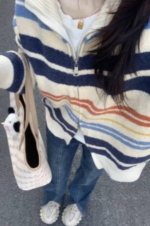 Cute Everyday Outfits, Outfit Inspo Casual Prep School Striped Zip Up Long Sleeve