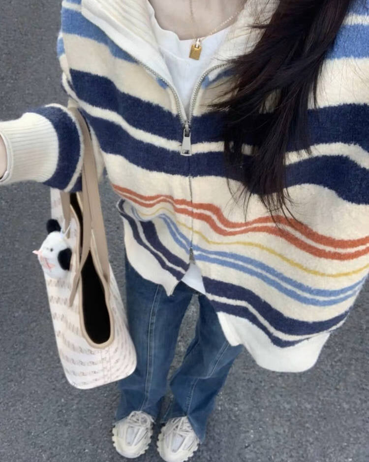 Cute Everyday Outfits, Outfit Inspo Casual Prep School Striped Zip Up Long Sleeve Cute Everyday Outfits, Outfit Inspo Casual Prep School Striped Zip Up Long Sleeve