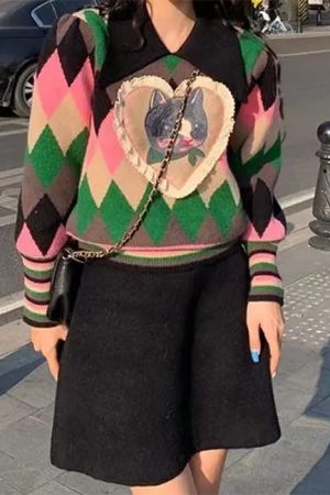 Cute Everyday Outfits, Outfit Inspo Casual Preppy Cat Argyle Collar Jumper