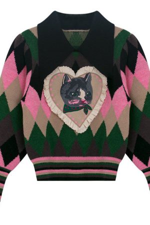 Cute Everyday Outfits, Outfit Inspo Casual Preppy Cat Argyle Collar Jumper