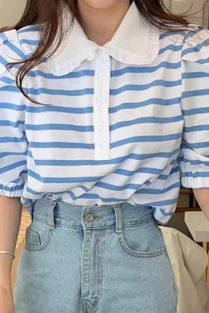 Cute Everyday Outfits, Outfit Inspo Casual Puff Sleeve Sailor Stripe Tee