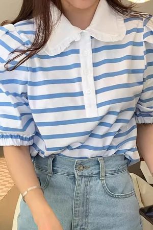 Cute Everyday Outfits, Outfit Inspo Casual Puff Sleeve Sailor Stripe Tee