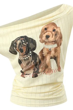 Cute Everyday Outfits, Outfit Inspo Casual Puppy Print Off Shoulder Top