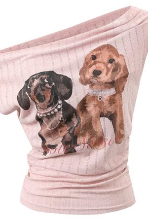 Cute Everyday Outfits, Outfit Inspo Casual Puppy Print Off Shoulder Top