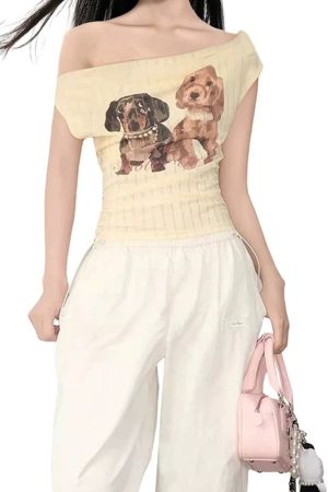 Cute Everyday Outfits, Outfit Inspo Casual Puppy Print Off Shoulder Top