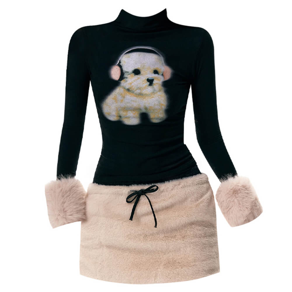 Cute Everyday Outfits, Outfit Inspo Casual Puppy Turtleneck Jumper & Mini Skirt Co-Ord
