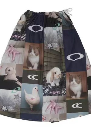 Cute Everyday Outfits, Outfit Inspo Casual Rabbit & Cat Print Aesthetic Midi Skirt