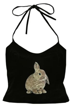 Cute Everyday Outfits, Outfit Inspo Casual Rabbit Print Y2K Halter Top