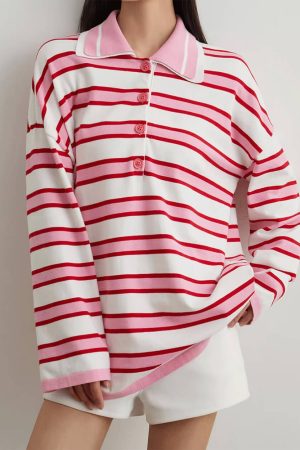 Cute Everyday Outfits, Outfit Inspo Casual Raspberry Ice Cream Stripe Oversized Polo