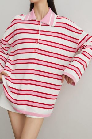 Cute Everyday Outfits, Outfit Inspo Casual Raspberry Ice Cream Stripe Oversized Polo