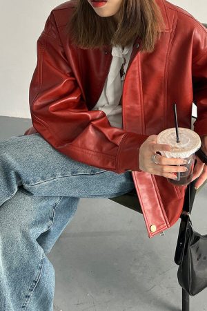 Cute Everyday Outfits, Outfit Inspo Casual Red Grunge Leather Jacket