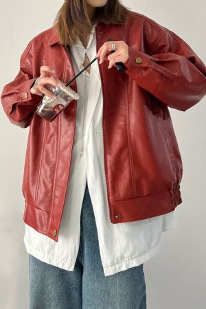 Cute Everyday Outfits, Outfit Inspo Casual Red Grunge Leather Jacket