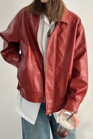 Cute Everyday Outfits, Outfit Inspo Casual Red Grunge Leather Jacket