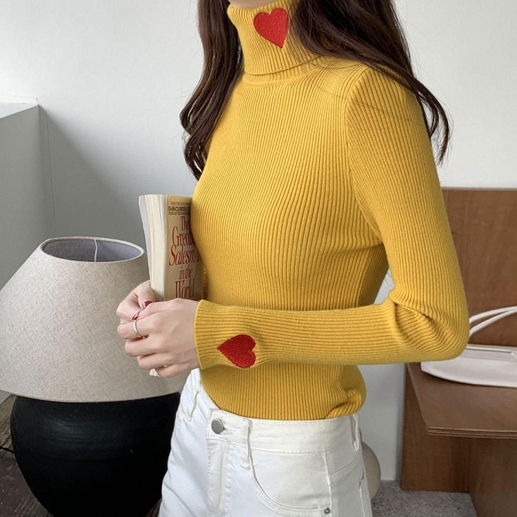 Cute Everyday Outfits, Outfit Inspo Casual Red Heart Embroidery Turtleneck Jumper Cute Everyday Outfits, Outfit Inspo Casual Red Heart Embroidery Turtleneck Jumper