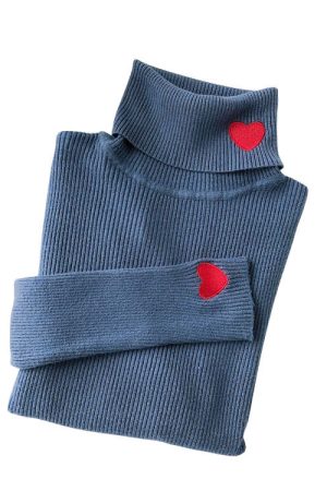 Cute Everyday Outfits, Outfit Inspo Casual Red Heart Embroidery Turtleneck Jumper