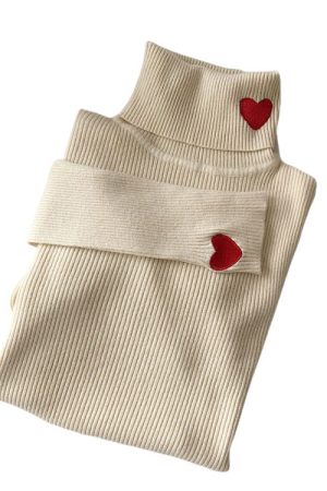 Cute Everyday Outfits, Outfit Inspo Casual Red Heart Embroidery Turtleneck Jumper