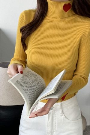 Cute Everyday Outfits, Outfit Inspo Casual Red Heart Embroidery Turtleneck Jumper