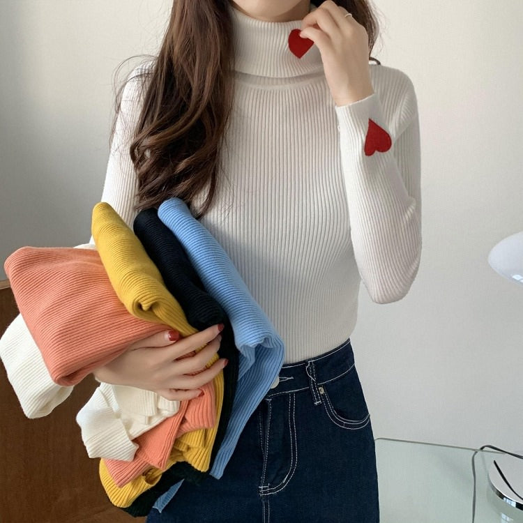 Cute Everyday Outfits, Outfit Inspo Casual Red Heart Embroidery Turtleneck Jumper Cute Everyday Outfits, Outfit Inspo Casual Red Heart Embroidery Turtleneck Jumper