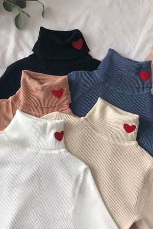 Cute Everyday Outfits, Outfit Inspo Casual Red Heart Embroidery Turtleneck Jumper