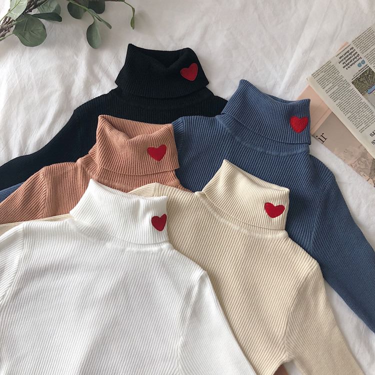 Cute Everyday Outfits, Outfit Inspo Casual Red Heart Embroidery Turtleneck Jumper Cute Everyday Outfits, Outfit Inspo Casual Red Heart Embroidery Turtleneck Jumper