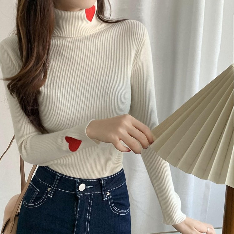 Cute Everyday Outfits, Outfit Inspo Casual Red Heart Embroidery Turtleneck Jumper Cute Everyday Outfits, Outfit Inspo Casual Red Heart Embroidery Turtleneck Jumper