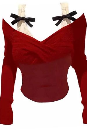 Cute Everyday Outfits, Outfit Inspo Casual Red Off-Shoulder Bow Top