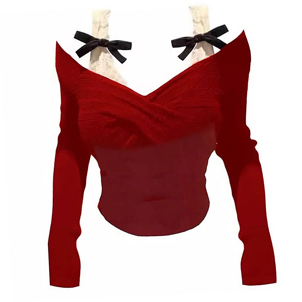 Cute Everyday Outfits, Outfit Inspo Casual Red Off-Shoulder Bow Top