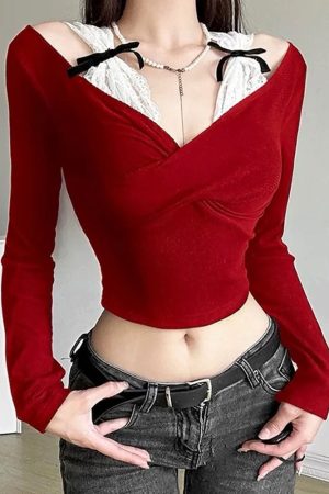 Cute Everyday Outfits, Outfit Inspo Casual Red Off-Shoulder Bow Top