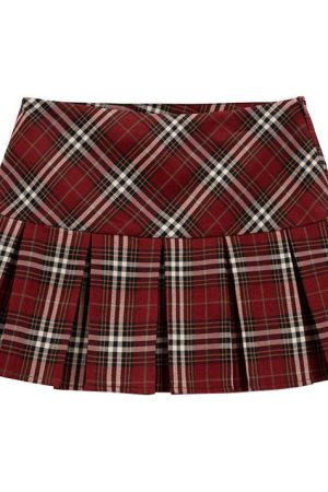 Cute Everyday Outfits, Outfit Inspo Casual Red Plaid Grunge Pleated Skirt