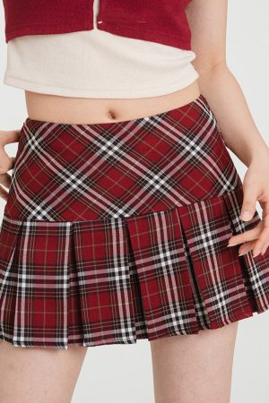 Cute Everyday Outfits, Outfit Inspo Casual Red Plaid Grunge Pleated Skirt