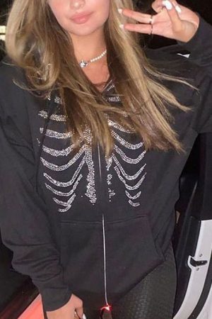 Cute Everyday Outfits, Outfit Inspo Casual Rhinestone Skeleton Hoodie
