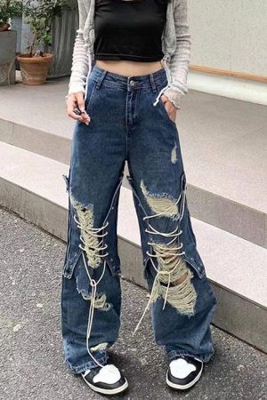 Cute Everyday Outfits, Outfit Inspo Casual Ripped Lace Up Baggy Jeans