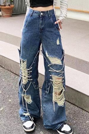 Cute Everyday Outfits, Outfit Inspo Casual Ripped Lace Up Baggy Jeans