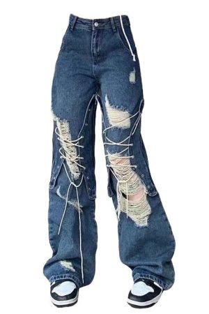 Cute Everyday Outfits, Outfit Inspo Casual Ripped Lace Up Baggy Jeans