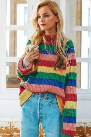 Cute Everyday Outfits, Outfit Inspo Casual Roll Neck Rainbow Jumper