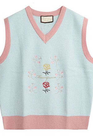 Cute Everyday Outfits, Outfit Inspo Casual Rose Embroidery Knit Vest