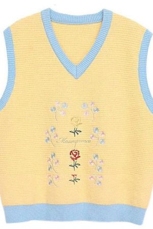 Cute Everyday Outfits, Outfit Inspo Casual Rose Embroidery Knit Vest