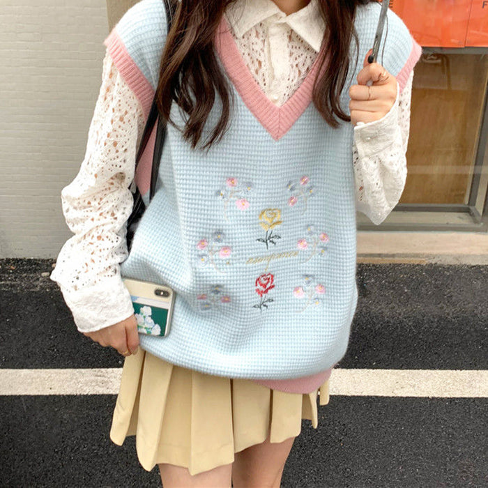 Cute Everyday Outfits, Outfit Inspo Casual Rose Embroidery Knit Vest Cute Everyday Outfits, Outfit Inspo Casual Rose Embroidery Knit Vest