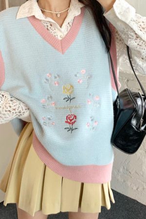 Cute Everyday Outfits, Outfit Inspo Casual Rose Embroidery Knit Vest
