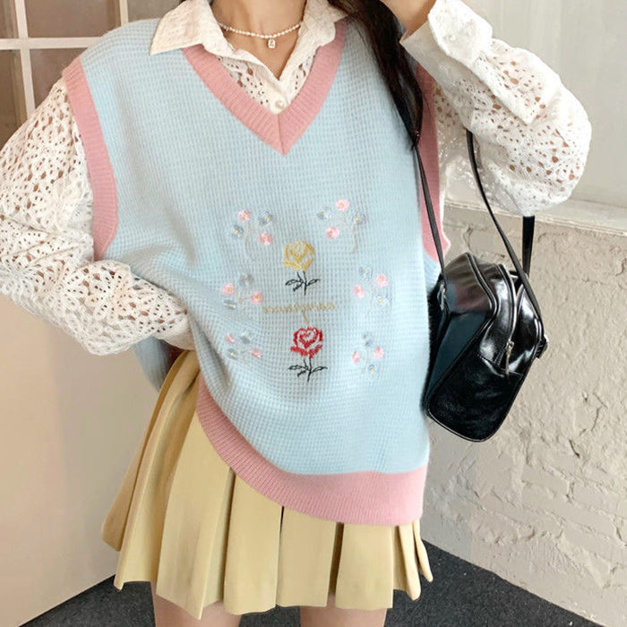 Cute Everyday Outfits, Outfit Inspo Casual Rose Embroidery Knit Vest Cute Everyday Outfits, Outfit Inspo Casual Rose Embroidery Knit Vest