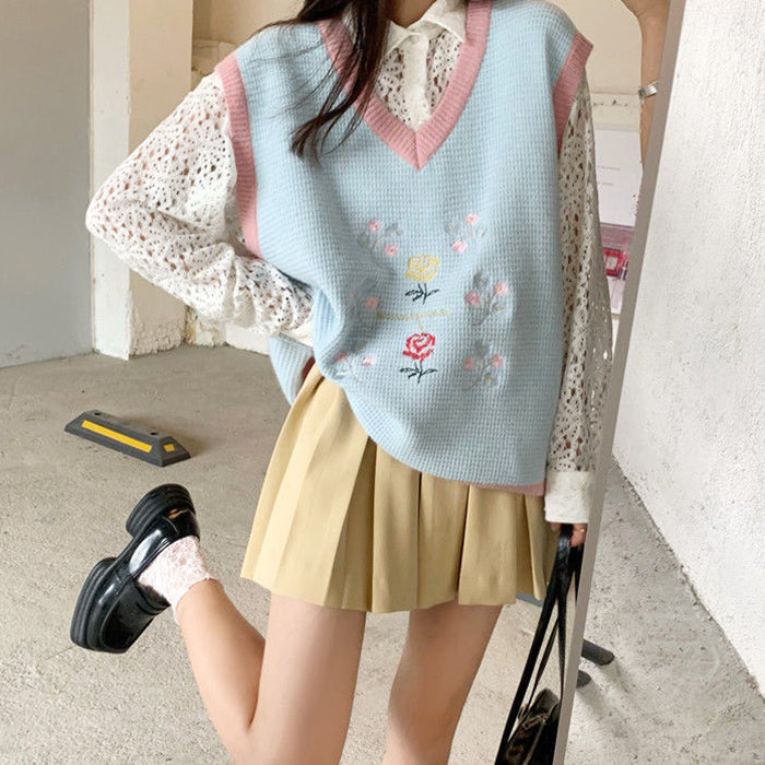 Cute Everyday Outfits, Outfit Inspo Casual Rose Embroidery Knit Vest Cute Everyday Outfits, Outfit Inspo Casual Rose Embroidery Knit Vest