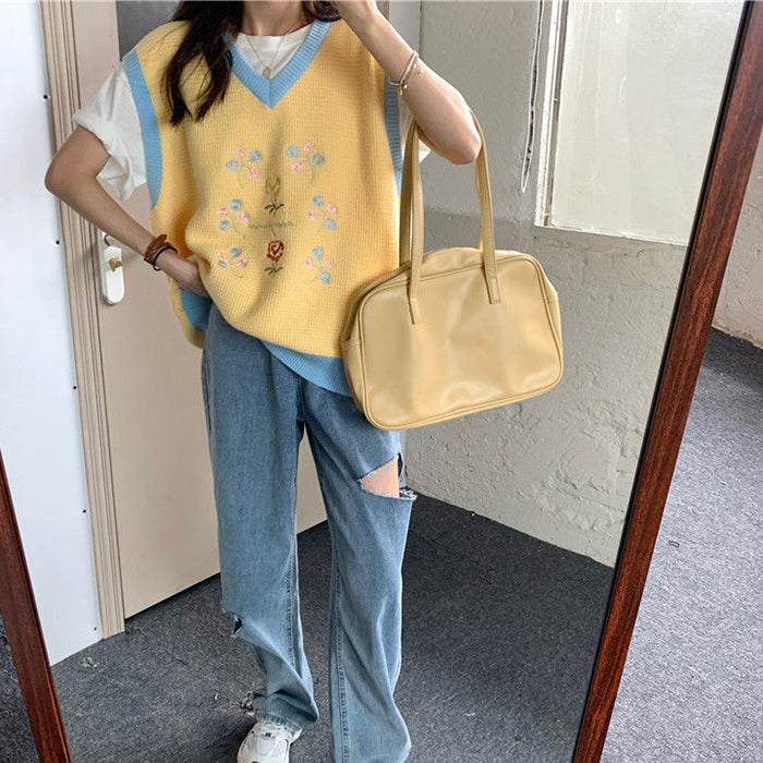 Cute Everyday Outfits, Outfit Inspo Casual Rose Embroidery Knit Vest Cute Everyday Outfits, Outfit Inspo Casual Rose Embroidery Knit Vest