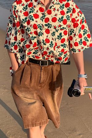 Cute Everyday Outfits, Outfit Inspo Casual Rose Embroidery Oversized Shirt