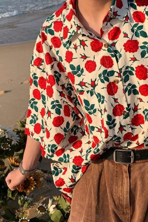 Cute Everyday Outfits, Outfit Inspo Casual Rose Embroidery Oversized Shirt