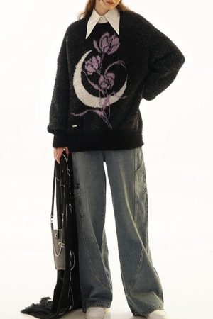 Cute Everyday Outfits, Outfit Inspo Casual Rose & Moon Print Sweater