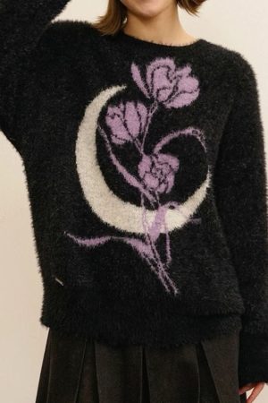 Cute Everyday Outfits, Outfit Inspo Casual Rose & Moon Print Sweater