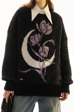 Cute Everyday Outfits, Outfit Inspo Casual Rose & Moon Print Sweater