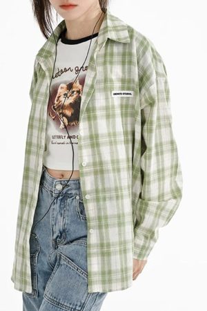 Cute Everyday Outfits, Outfit Inspo Casual Sage Green Plaid Oversized Shirt