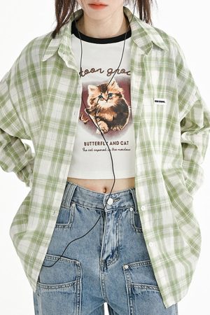 Cute Everyday Outfits, Outfit Inspo Casual Sage Green Plaid Oversized Shirt
