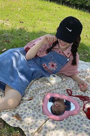 Cute Everyday Outfits, Outfit Inspo Casual Sakura Embroidery Dungaree Shorts